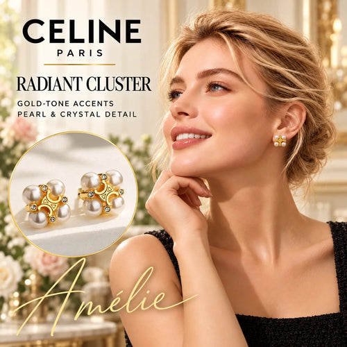 CELINE Gold-Tone Pearl-Style Crystal Cluster Stud Earrings — model view with circular product close-up