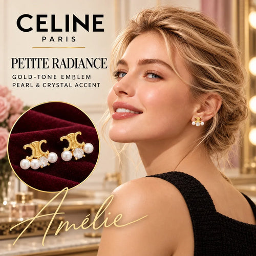CELINE Gold-Tone Pearl-Style Crystal Emblem Stud Earrings — model view with circular product close-up
