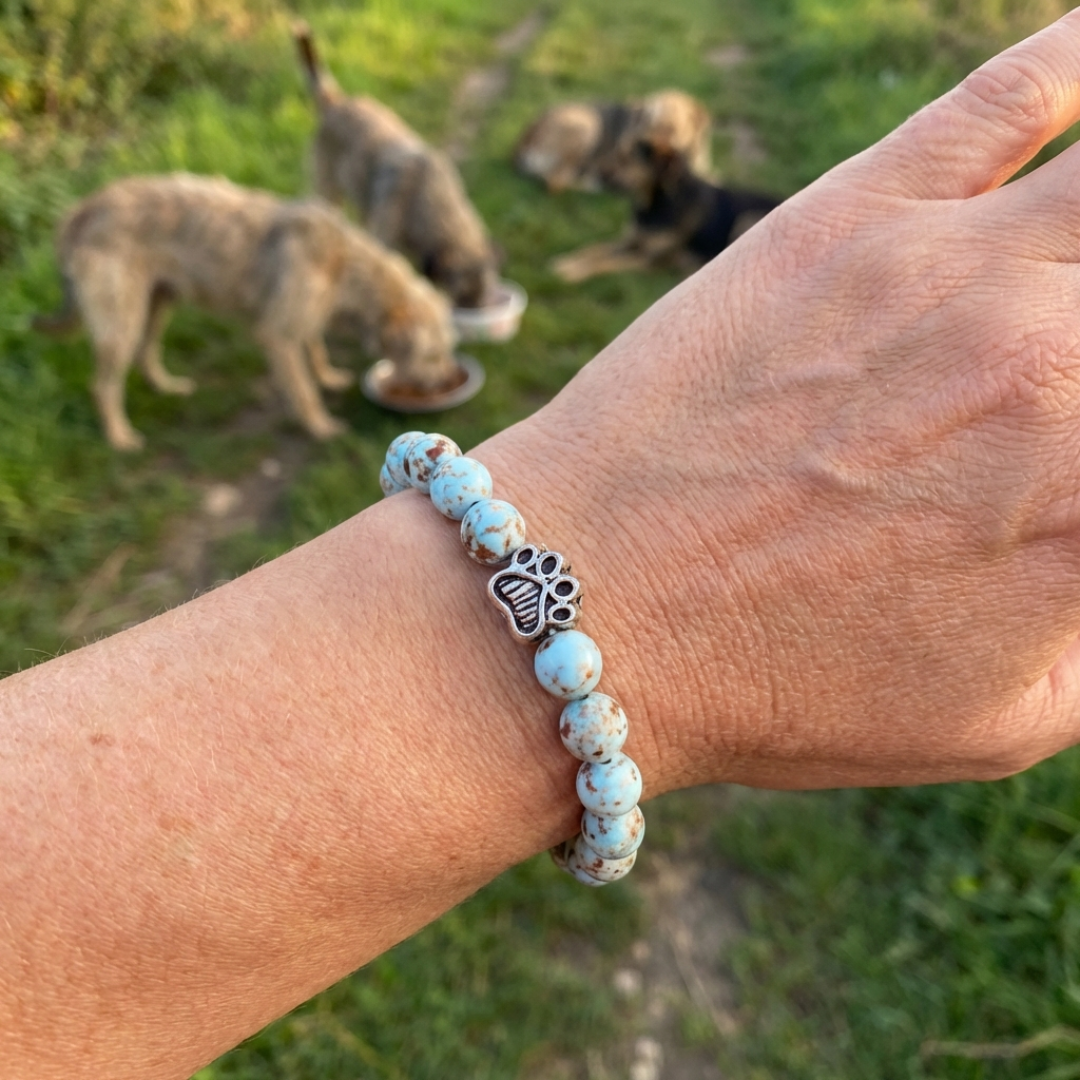 Lagoon Blue Imperial Jasper Bead Bracelet | Antique Silver Paw Charm | Rescue Charity