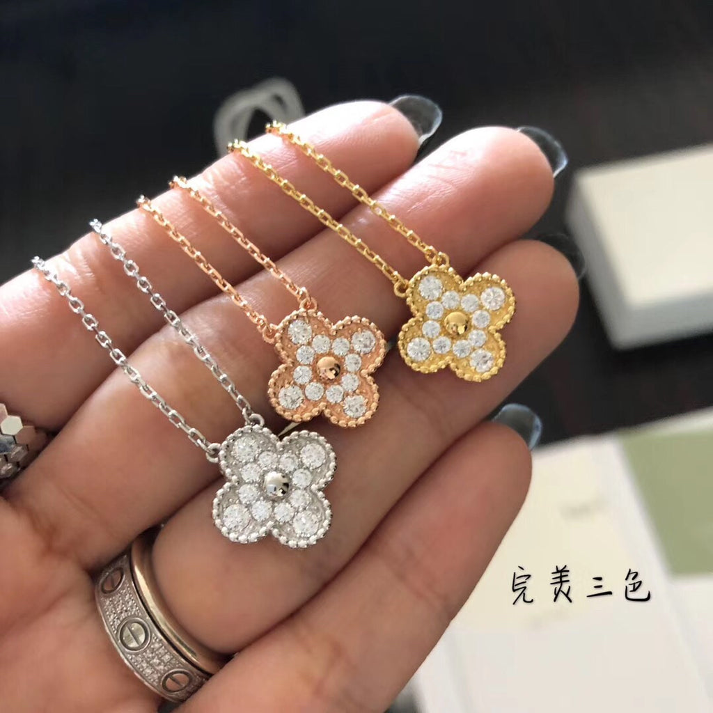 Van Cleef & Arpels Clover Pendant Necklace in Rose-Gold-Tone – Crystal Detail – Design 02 front product view