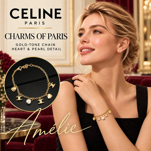 CELINE Gold-Tone Emblem Charm Bracelet — model view with circular product close-up