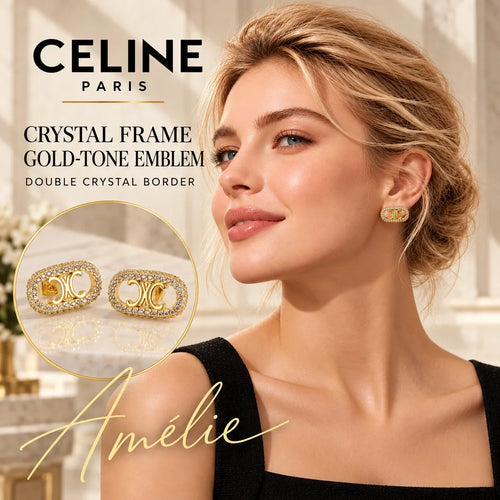 CELINE Gold-Tone Crystal-Frame Emblem Stud Earrings — model view with circular product close-up