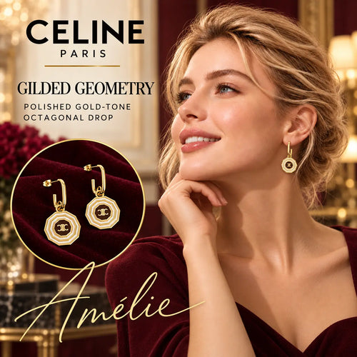 CELINE Gold-Tone Octagonal Emblem Drop Earrings — model view with circular product close-up