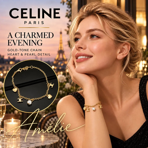 CELINE Gold-Tone Emblem Charm Bracelet – Evening Edit — model view with circular product close-up