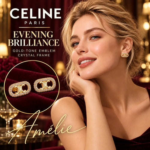 CELINE Gold-Tone Crystal-Frame Emblem Stud Earrings – Evening Edit — model view with circular product close-up