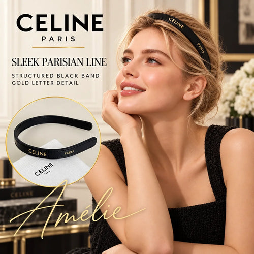 CELINE Black Logo Headband — model view with circular product close-up
