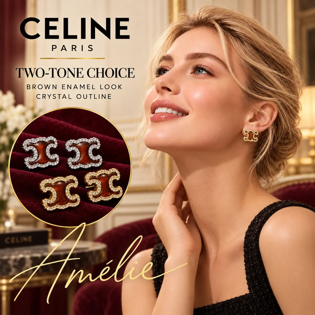 CELINE Brown Enamel Crystal Emblem Stud Earrings — model view with circular product close-up