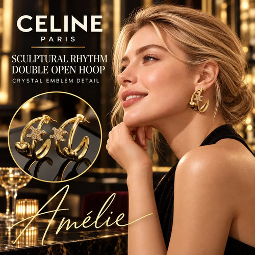 CELINE Gold-Tone Double-Hoop Heart Emblem Earrings — model view with circular product close-up