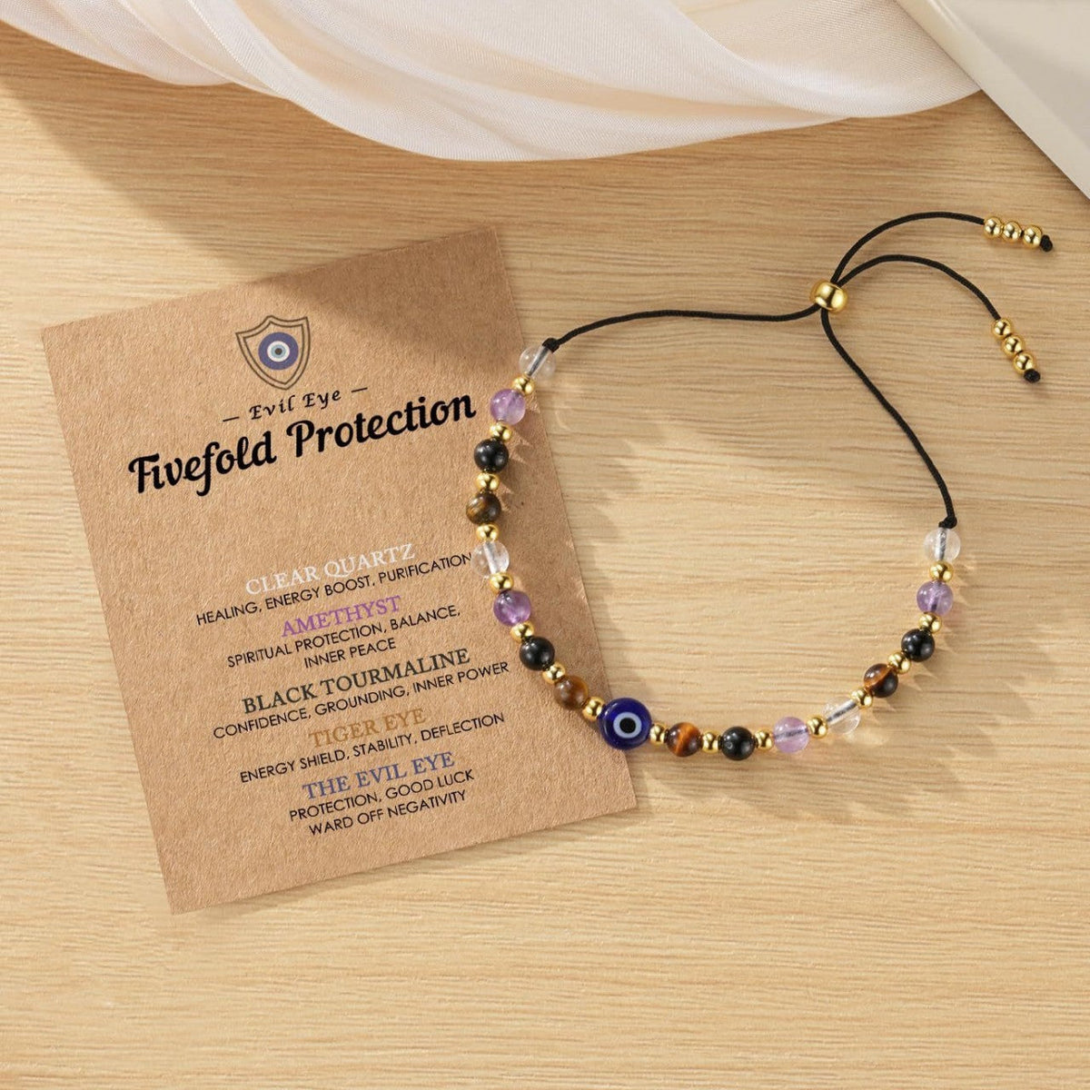 Evil Eye Fivefold Protection Bracelet | 5 Natural Crystals | Adjustable Wax Rope | Spiritual Gift