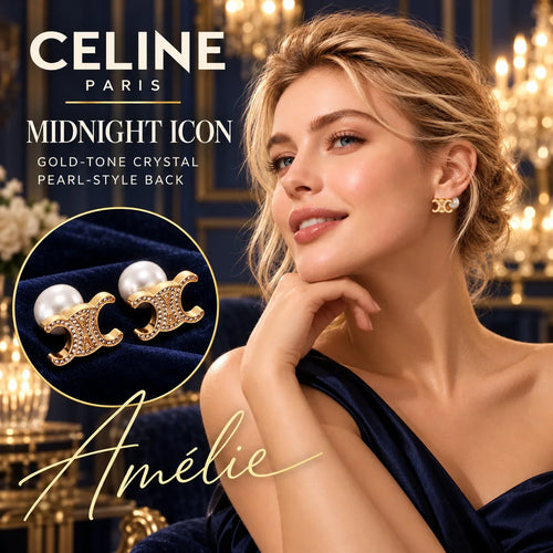 CELINE Gold-Tone Crystal & Pearl-Style Emblem Stud Earrings – Evening Edit — model view with circular product close-up