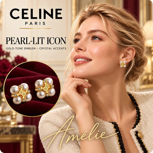 CELINE Gold-Tone Pearl-Style Crystal Emblem Cluster Stud Earrings — model view with circular product close-up