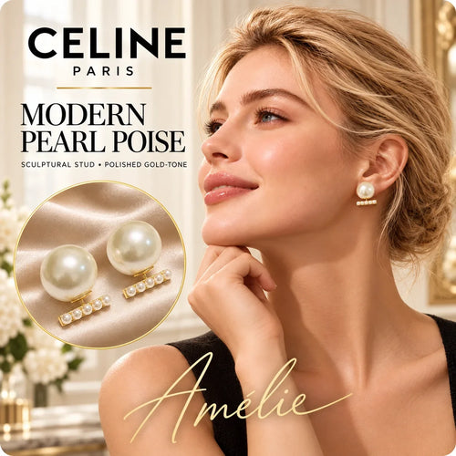 CELINE Pearl-Style Bar Stud Earrings — model view with circular product close-up
