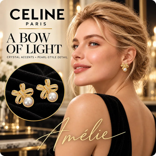CELINE Gold-Tone Crystal Bow & Pearl-Style Stud Earrings — model view with circular product close-up