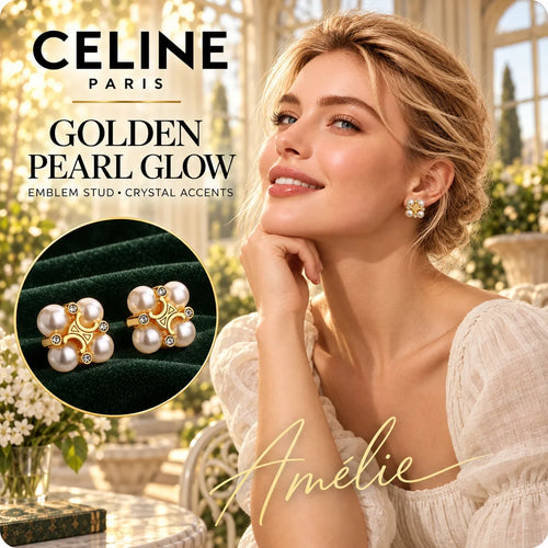 CELINE Gold-Tone Pearl-Style Crystal Emblem Cluster Stud Earrings – Garden Edit — model view with circular product close-up