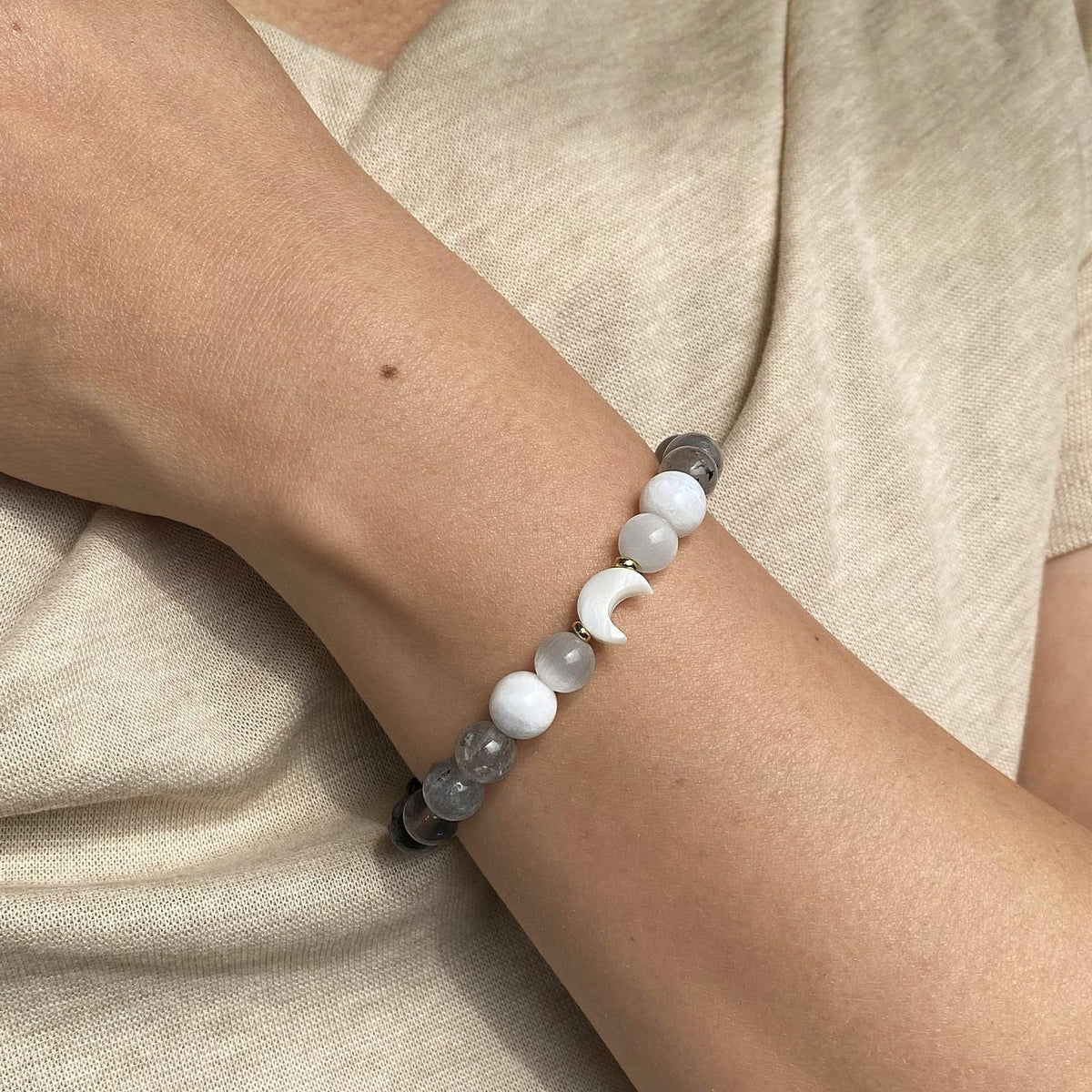New Moon New Beginnings Bracelet | Moonstone Labradorite Black Obsidian | Crescent Moon Charm | New Chapter Gift