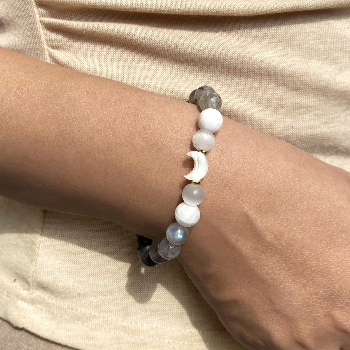 New Moon New Beginnings Bracelet | Moonstone Labradorite Black Obsidian | Crescent Moon Charm | New Chapter Gift