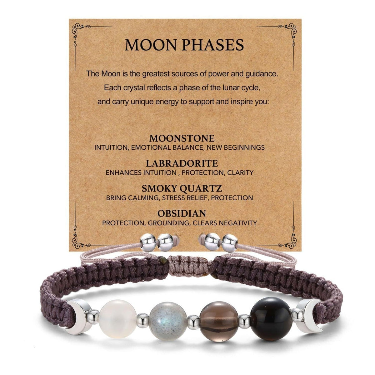 New Moon New Beginnings Bracelet | Moonstone Labradorite Black Obsidian | Crescent Moon Charm | New Chapter Gift