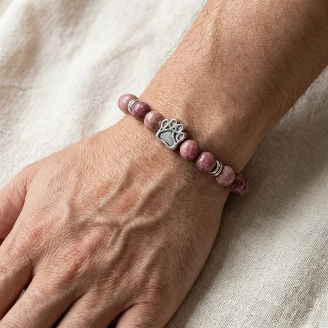 Blossom Pink Rhodonite Bead Bracelet | Silver Paw Charm | Rescue Charity