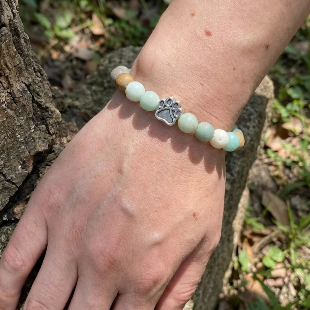 Sahara Matte Amazonite Bead Bracelet | Silver Paw Charm | Rescue Charity