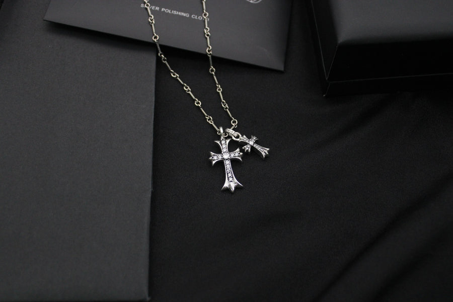 Double Cross Pendant Necklace in Antique Silver-Tone main product view