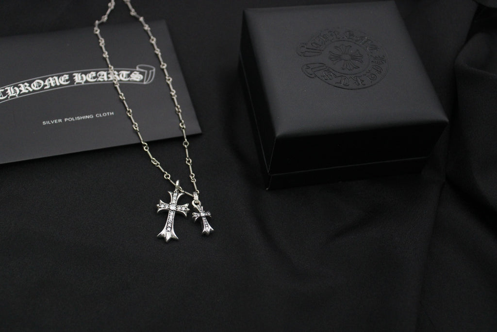 Double Cross Pendant Necklace in Antique Silver-Tone front product view