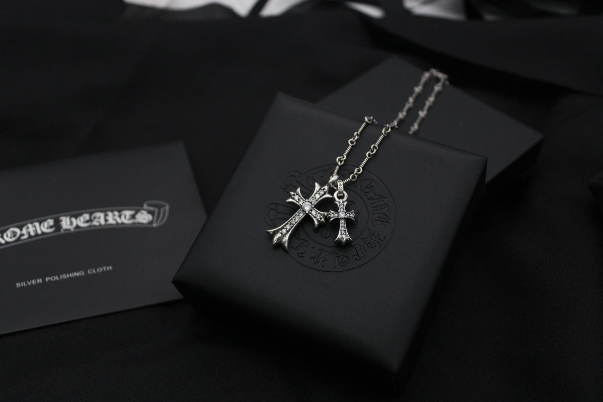 Double Cross Pendant Necklace in Antique Silver-Tone detail view