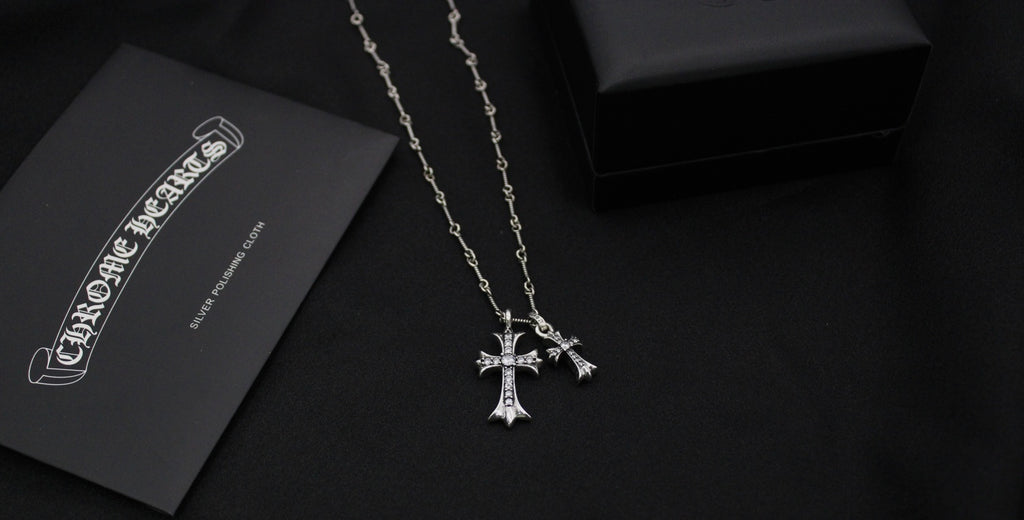 Double Cross Pendant Necklace in Antique Silver-Tone side detail