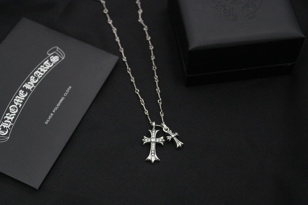 Double Cross Pendant Necklace in Antique Silver-Tone close-up detail