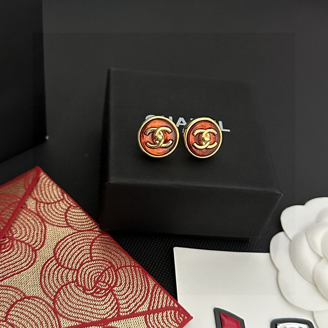 Double-C Emblem Stud Earrings in Polished Metal-Tone – Design 109 front product view