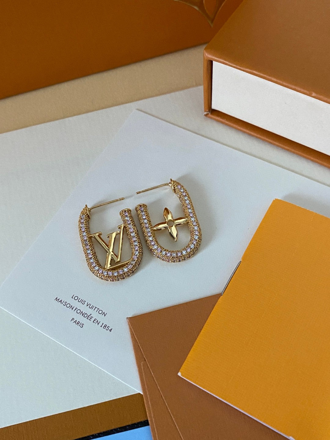 Geometric Emblem Stud Earrings in Gold-Tone – Design 016 front product view