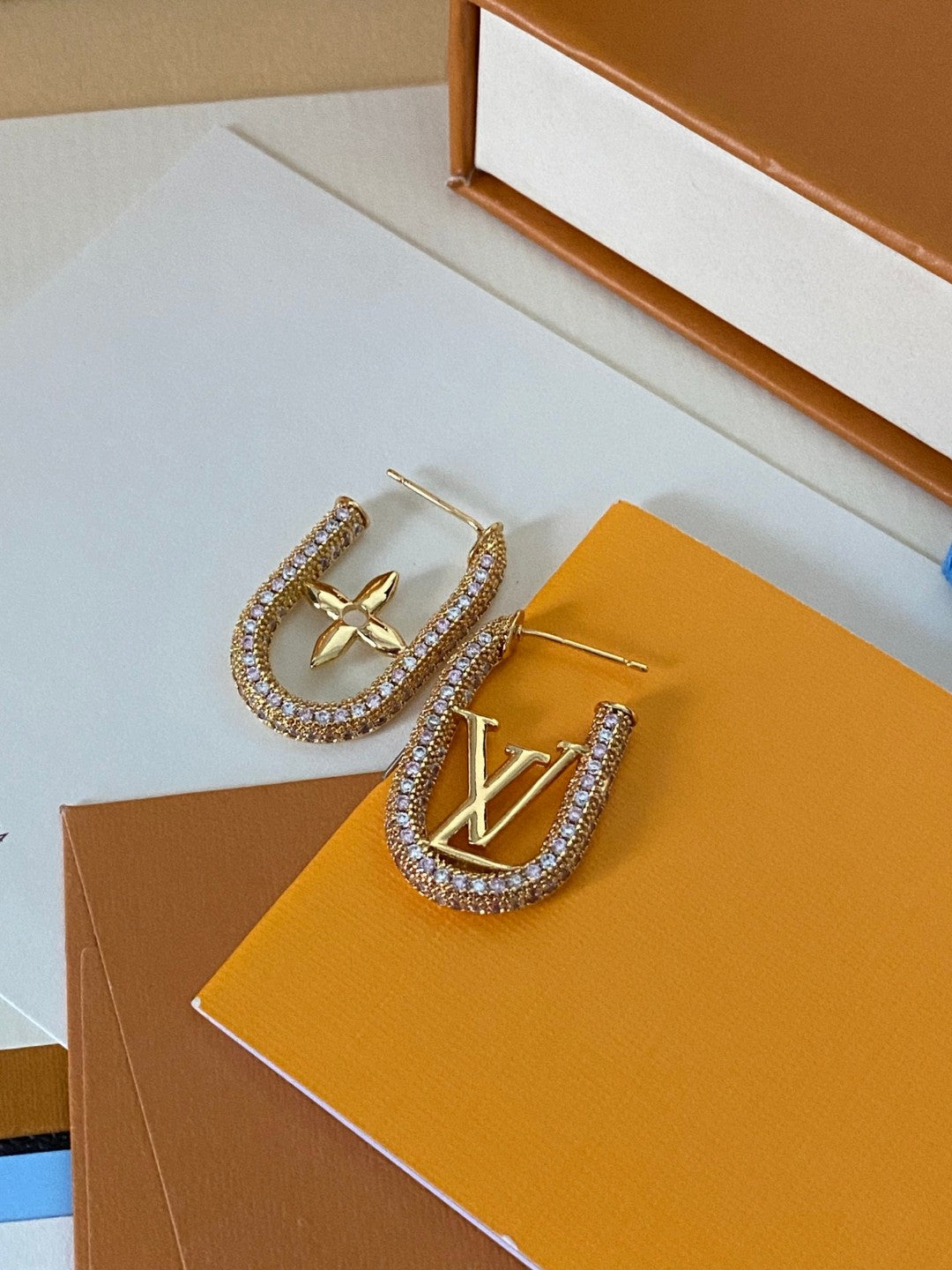 Geometric Emblem Stud Earrings in Gold-Tone – Design 016 detail view