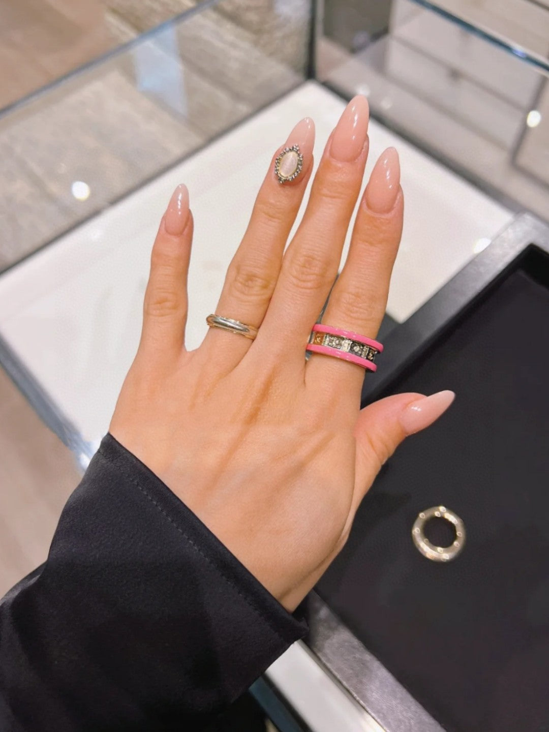 Double-C Emblem Statement Ring in Polished Metal-Tone – White Detail – Design 004 side detail
