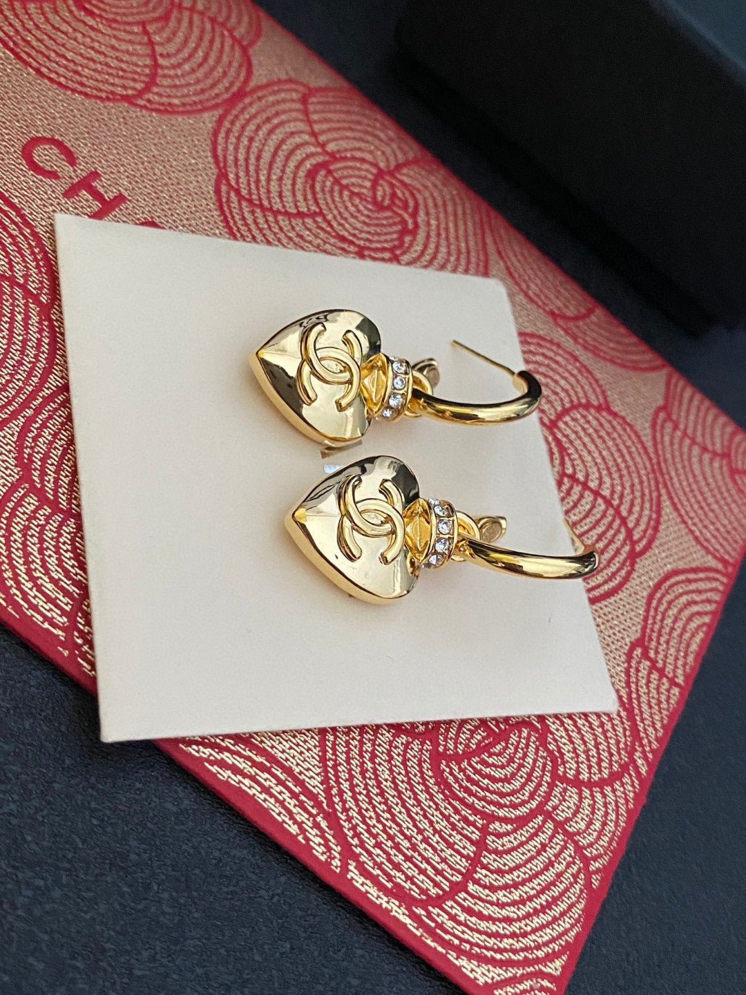 Double-C Emblem Stud Earrings in Polished Metal-Tone – Design 407 front product view