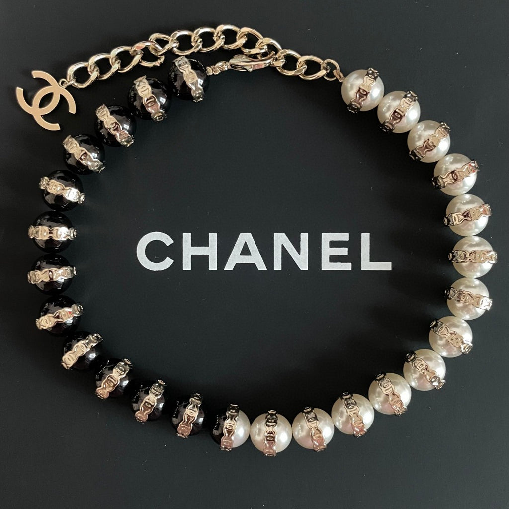 Double-C Emblem Pearl-Detail Pendant Necklace – Pearl Detail – Design 126 side detail