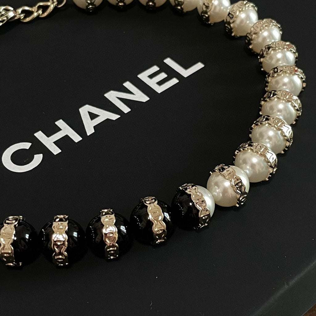 Double-C Emblem Pearl-Detail Pendant Necklace – Pearl Detail – Design 126 detail view