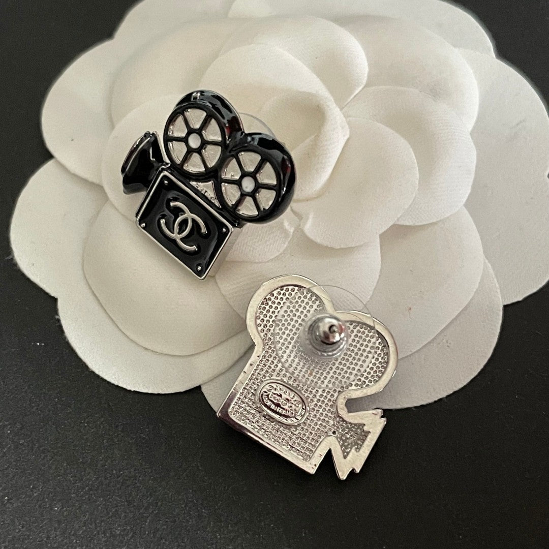 Double-C Emblem Stud Earrings in Black-Tone – Black Detail – Design 003 front product view