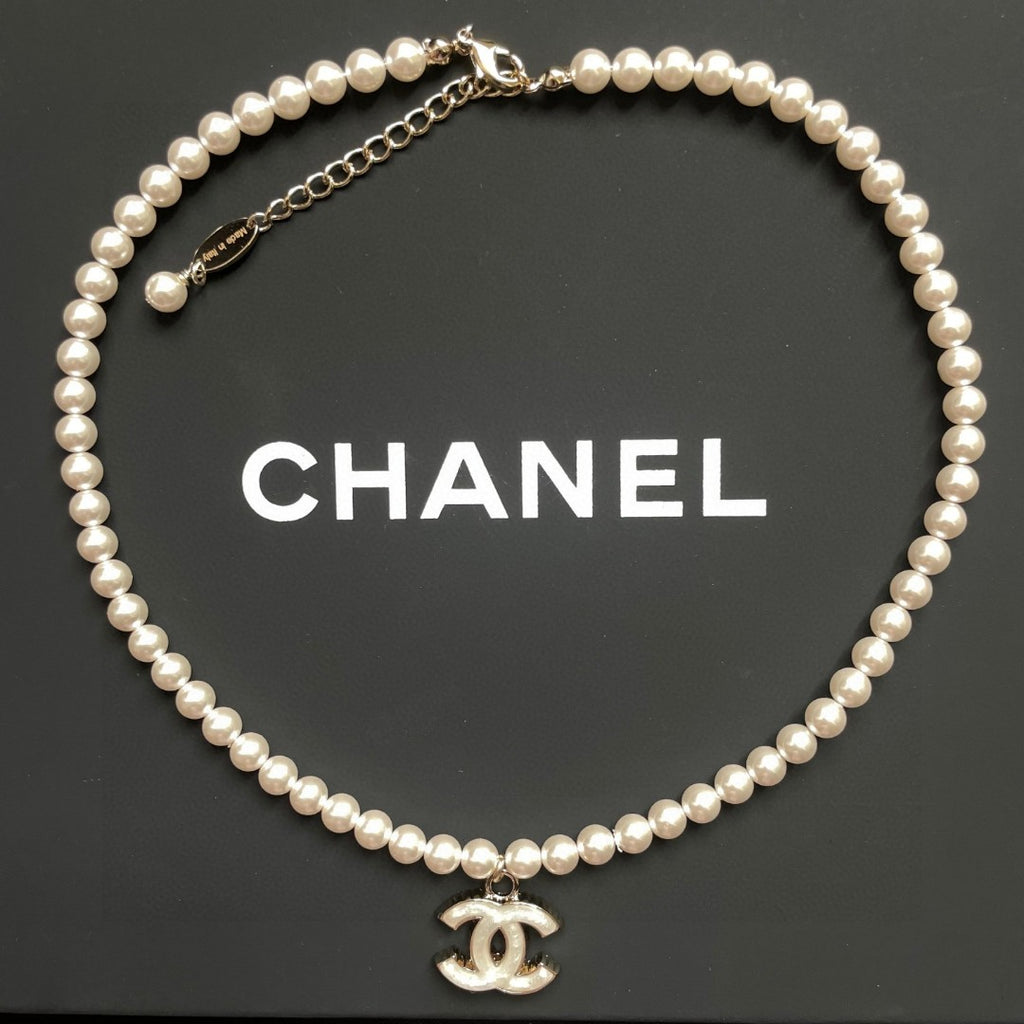 Double-C Emblem Pearl-Detail Pendant Necklace – Pearl Detail – Design 123 detail view