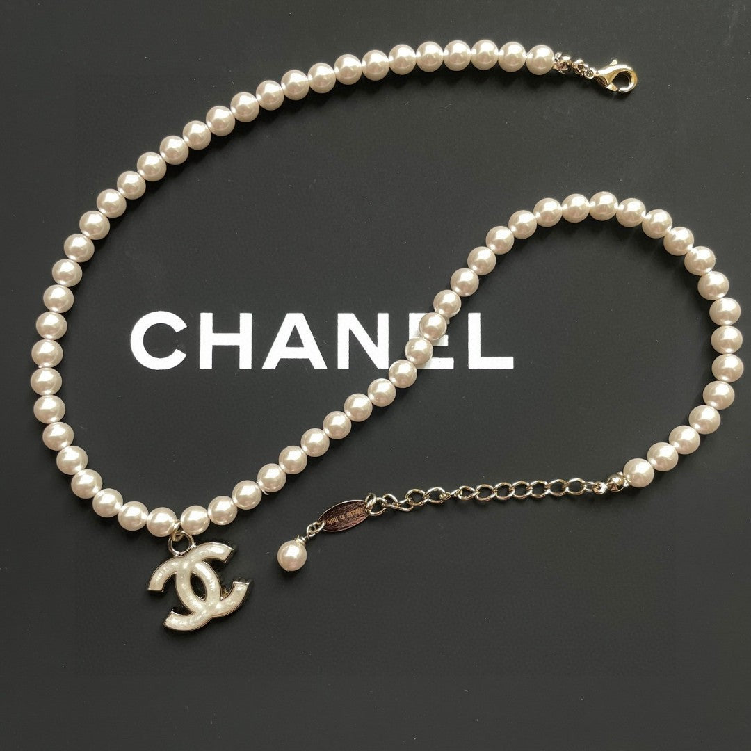 Double-C Emblem Pearl-Detail Pendant Necklace – Pearl Detail – Design 123 side detail