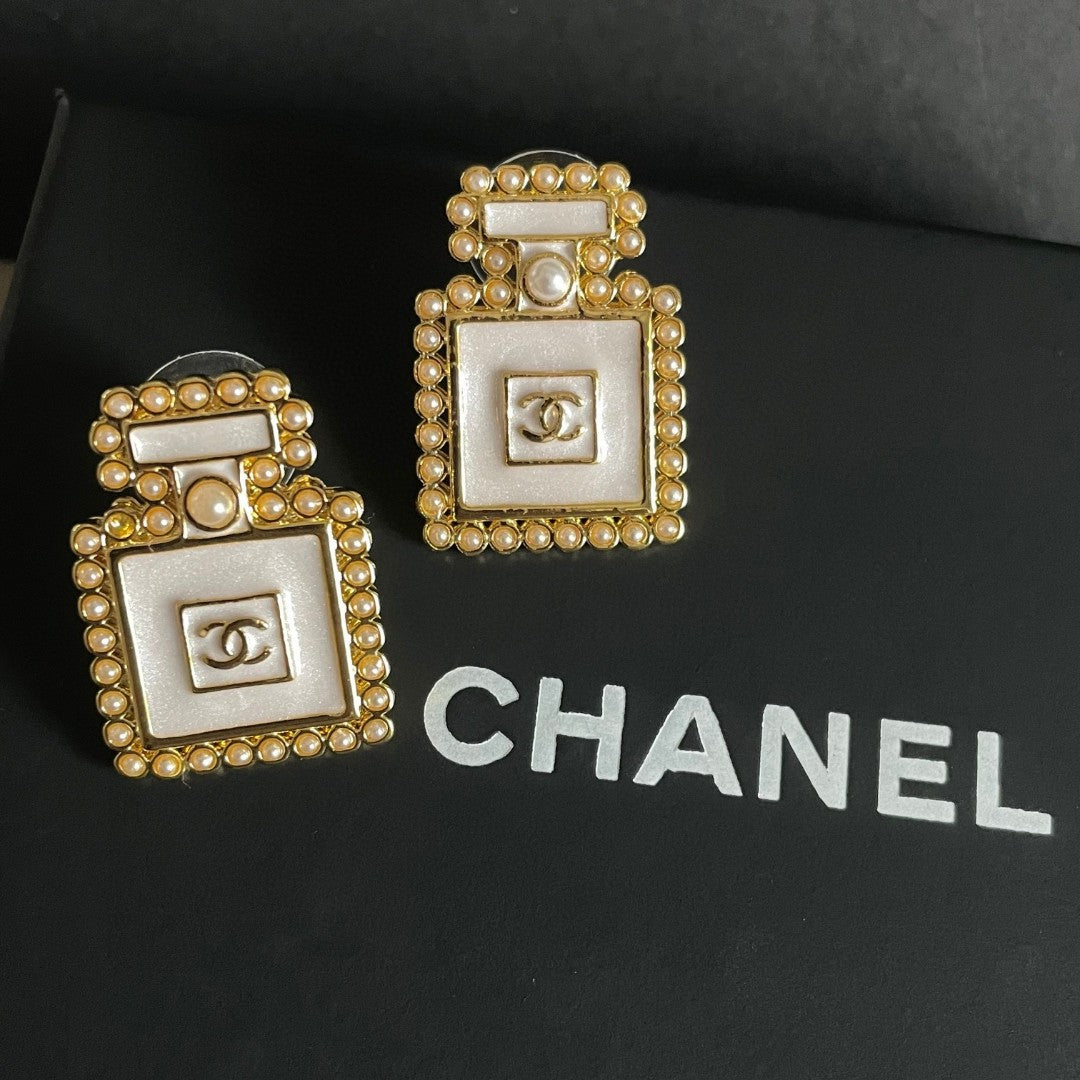 Double-C Emblem Pearl-Detail Stud Earrings – Pearl Detail – Design 026 styled product view