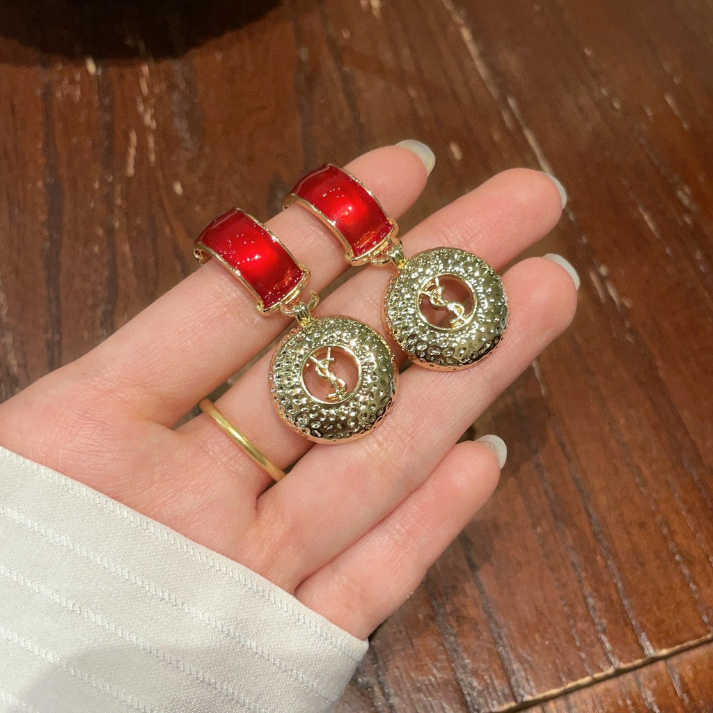 Letter Emblem Statement Earrings in Polished Metal-Tone detail view