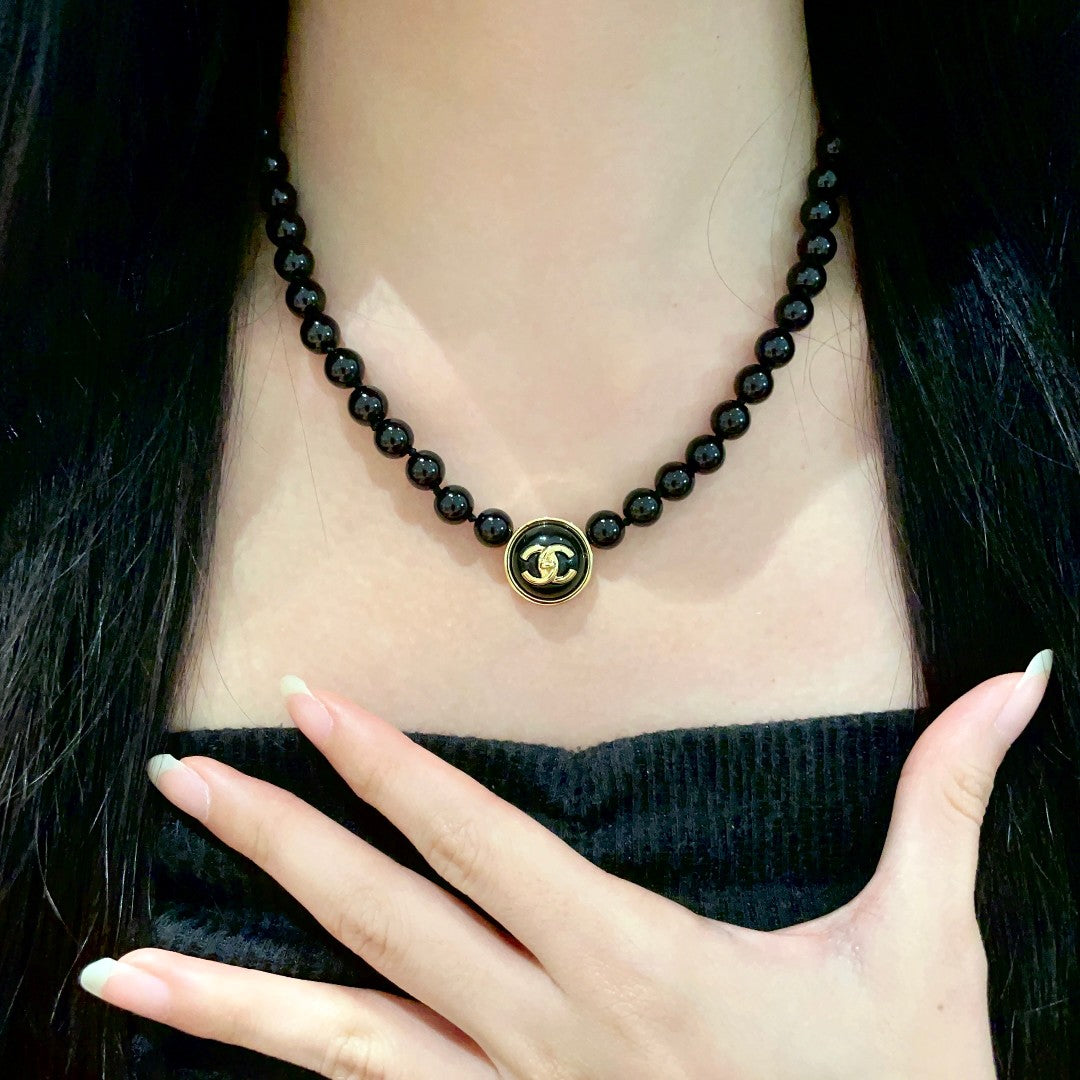 Double-C Emblem Pearl-Detail Pendant Necklace – Pearl Detail – Design 118 front product view