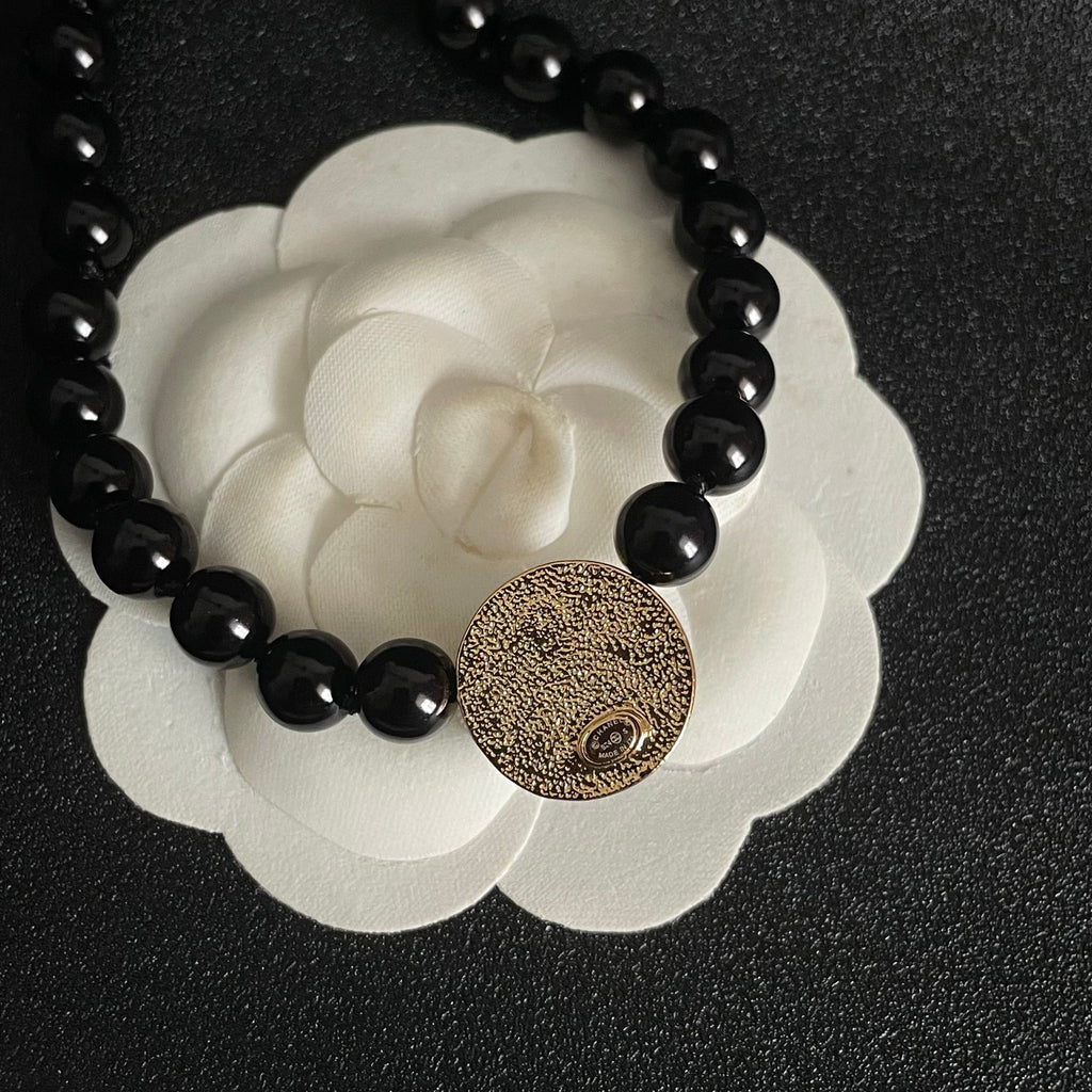 Double-C Emblem Pearl-Detail Pendant Necklace – Pearl Detail – Design 118 front product view
