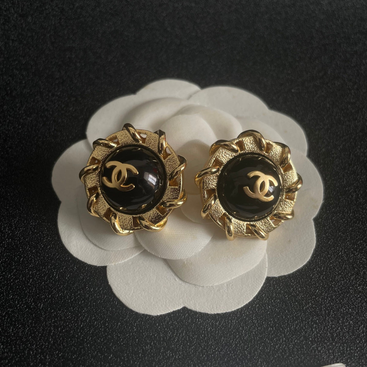 Double-C Emblem Stud Earrings in Polished Metal-Tone – Design 376 front product view