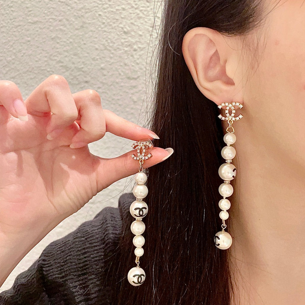 Double-C Emblem Pearl-Detail Statement Earrings – Pearl Detail – Design 028 main product view