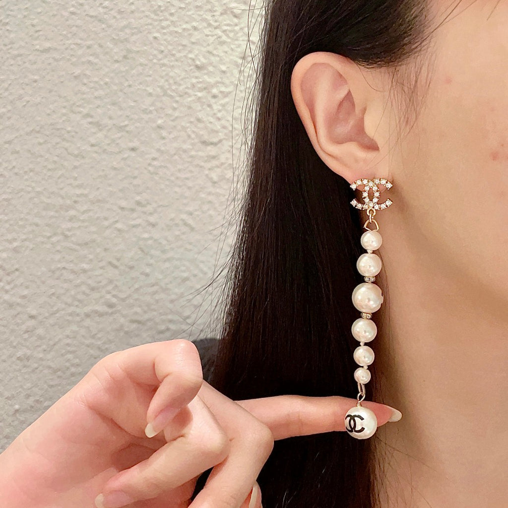 Double-C Emblem Pearl-Detail Statement Earrings – Pearl Detail – Design 028 front product view
