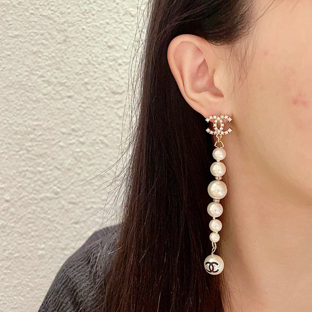 Double-C Emblem Pearl-Detail Statement Earrings – Pearl Detail – Design 028 detail view