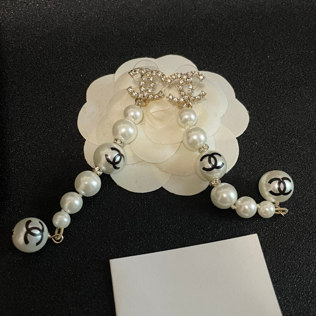 Double-C Emblem Pearl-Detail Statement Earrings – Pearl Detail – Design 028 front product view