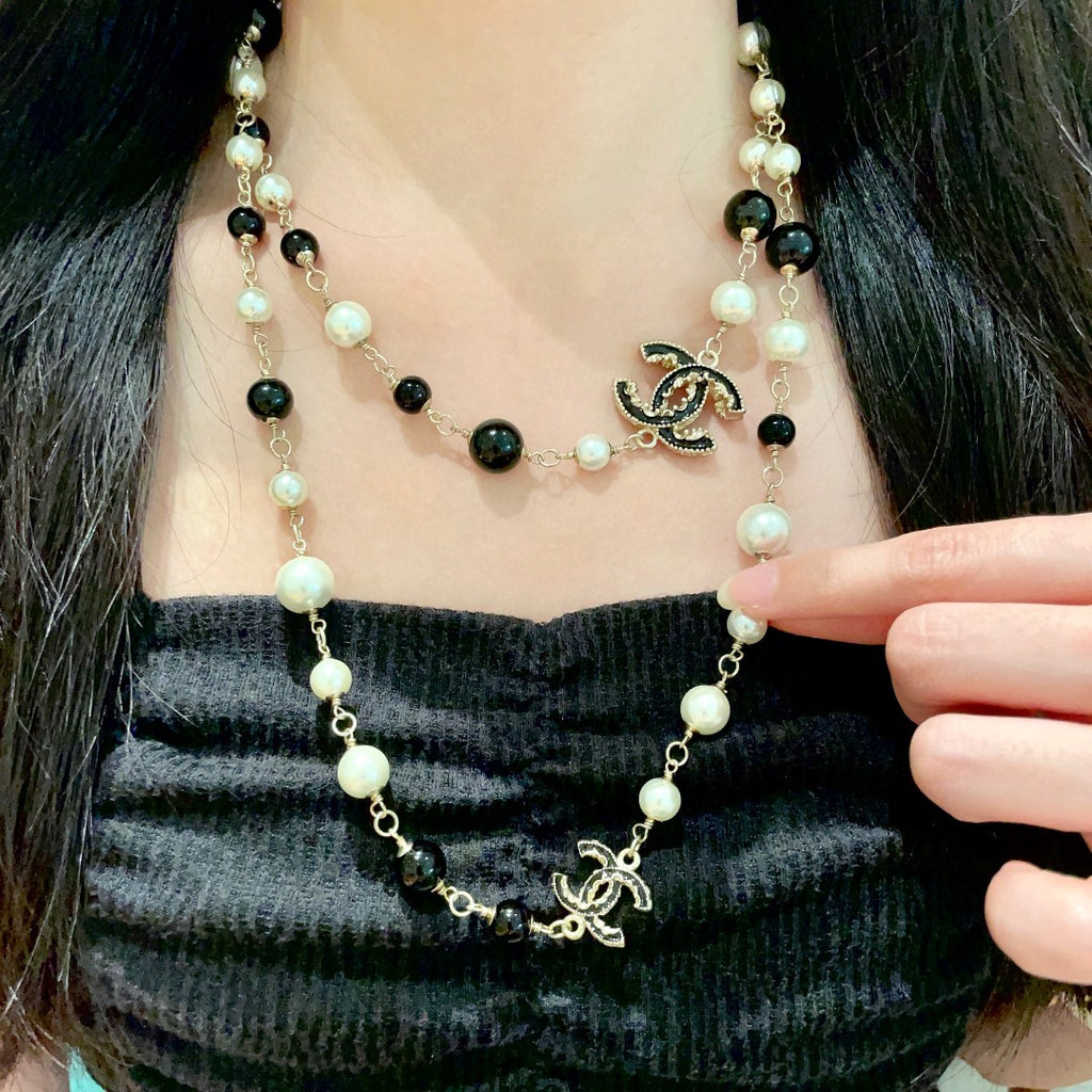 Double-C Emblem Pearl-Detail Pendant Necklace – Pearl Detail – Design 117 front product view