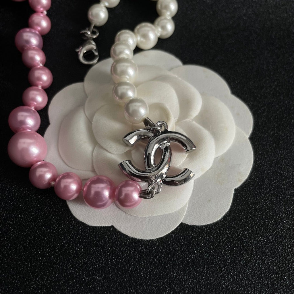 Double-C Emblem Pearl-Detail Pendant Necklace – Pearl Detail – Design 116 front product view