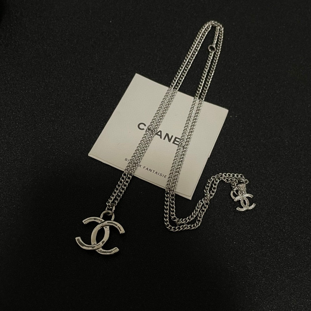 Double-C Emblem Pendant Necklace in Polished Metal-Tone – Design 071 front product view